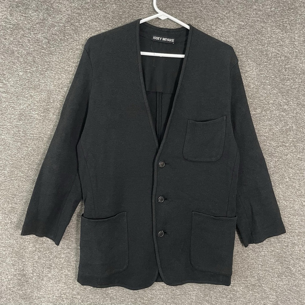 Issey Miyake Collarless Blazer Medium Black Wool Cotton Knit Sport Coat Jacket